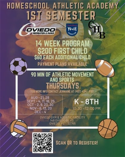 Homeschool Athletic Academy for k-8th thursdays contact jermaine at 407-434-9101