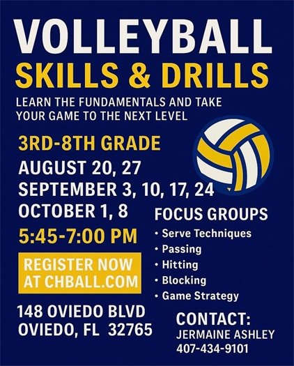Volleyball Skills and Drills 3rd-8th grade starting October 1 contact Jermaine Ashley at 407-434-9101