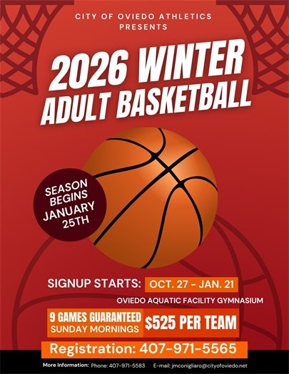 Winter Adult Basketball League sign up starts October 27th. League begins January 25. Call 