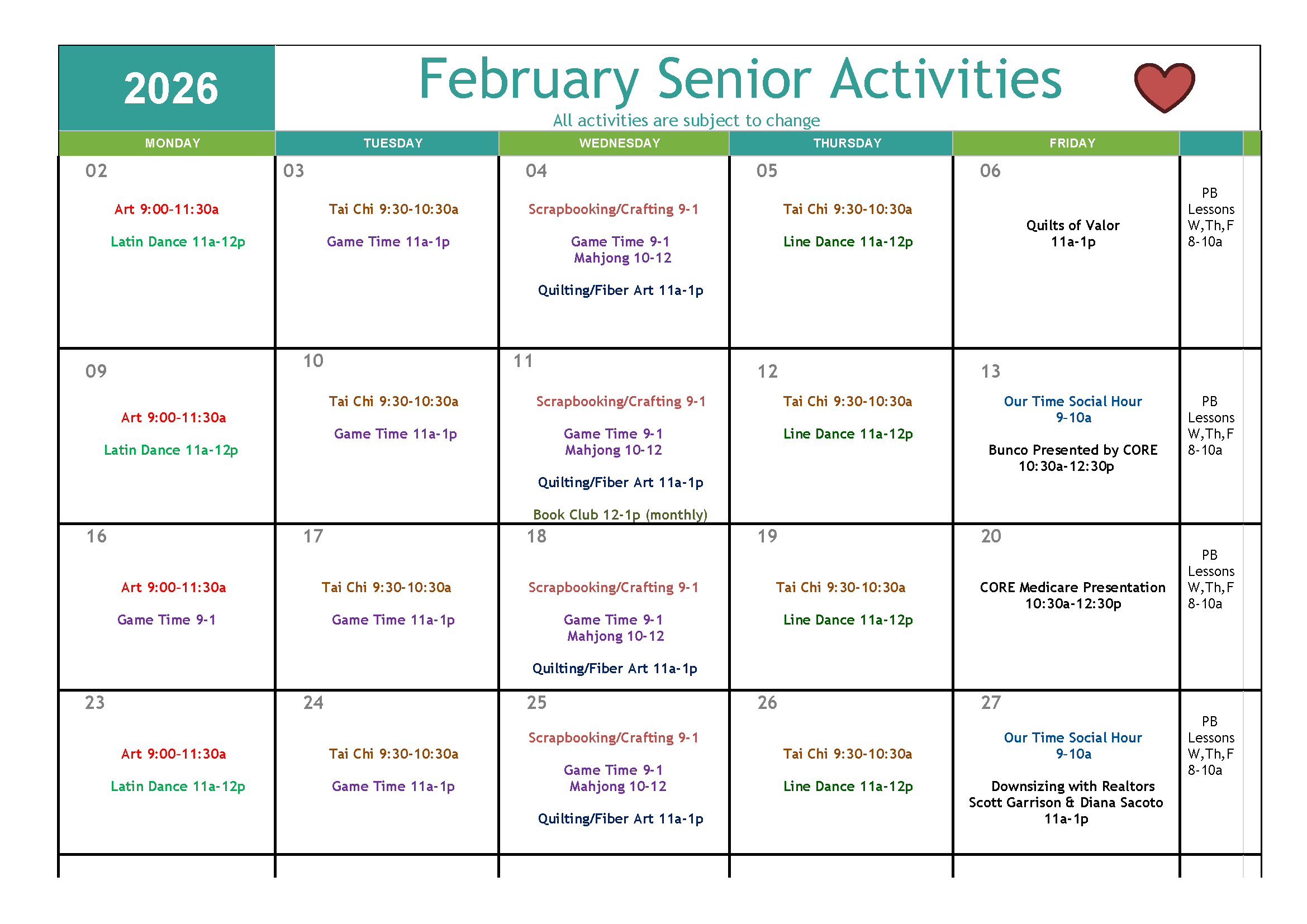 February Senior Activities